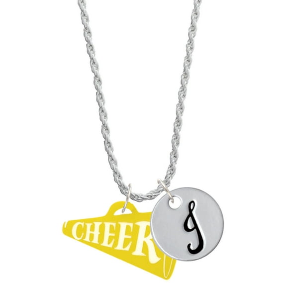 Delight Jewelry Acrylic 1.25" Yellow Cheer Megaphone Silvertone Script Initial Disc - J - Charm Necklace, 20"+3"