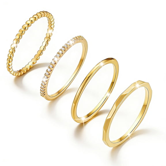 LUNVKY 4PCS 18K Gold Plated Rings for Women Non Tarnish Fashion CZ Pinky Stackable Ring Set Wedding Birthday Graduation Mothers Day Jewelry Gifts Her Teen Mom Girlfriend Ideas Size 5/6/7/8/9/10
