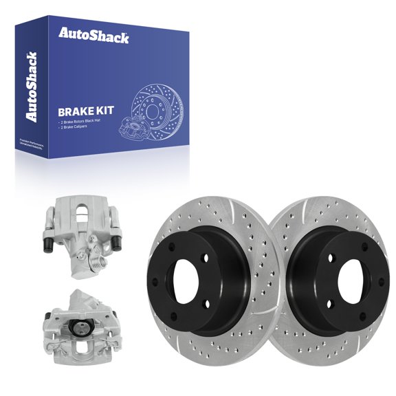 AutoShack Rear Solid Drilled & Slotted E-Coated Brake Rotors   Calipers 4-PC Brake Kit Replacement for 2004-2008 Mazda 3 ShadowGuard 11.02" (279.9 mm)