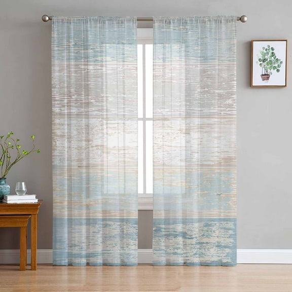 Blue Beige Farmhouse Semi Sheer Curtains 63 Inch Length 2 Panels Set, Vintage Wooden Striped Sheer Kitchen Curtain Privacy Voile Window Curtain for Living Room Bedroom Rod Pocket Drapes