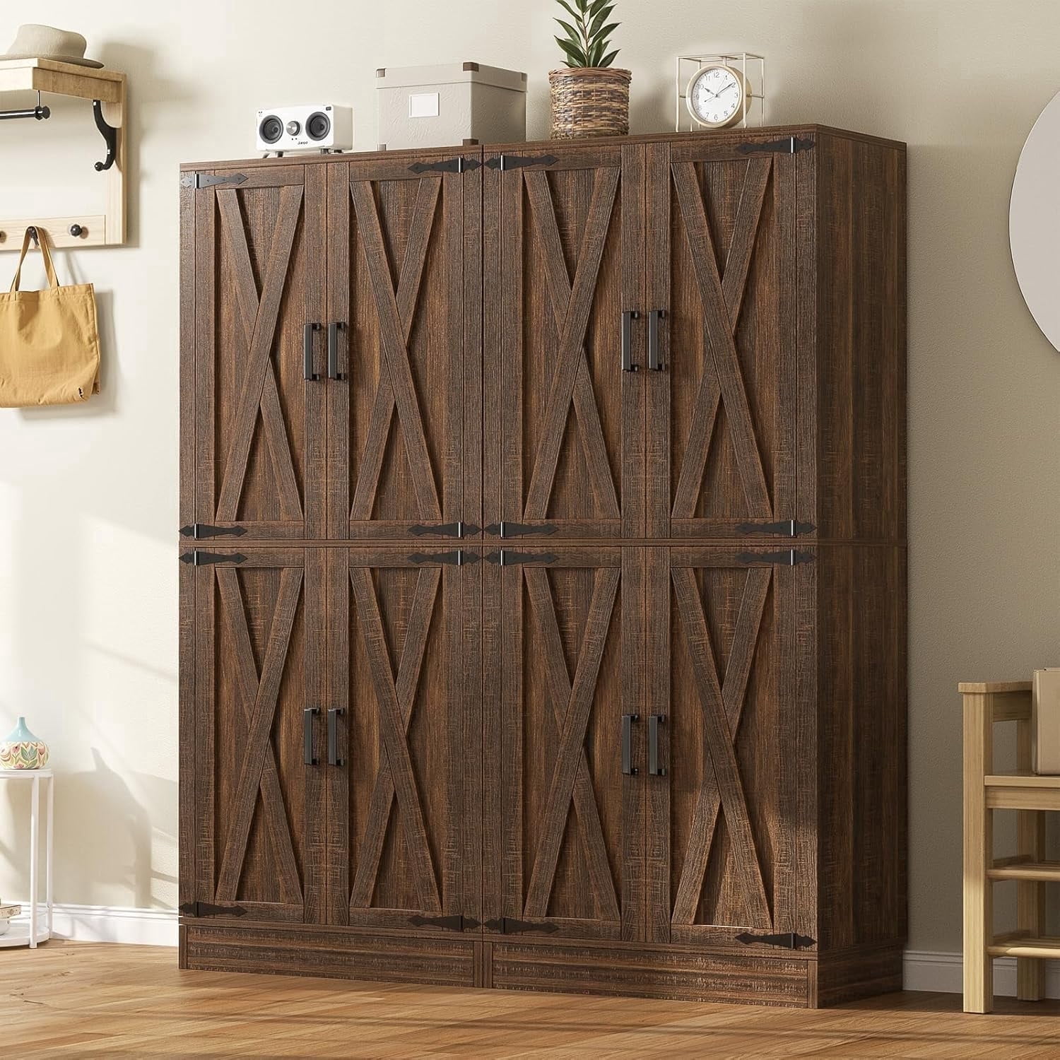 Homieasy 71'' Tall Farmhouse Pantry Cabinet 2 Piece Set, 6-Tier Pantry with Doors, Drawers & Adjustable Shelves, Retro Brown
