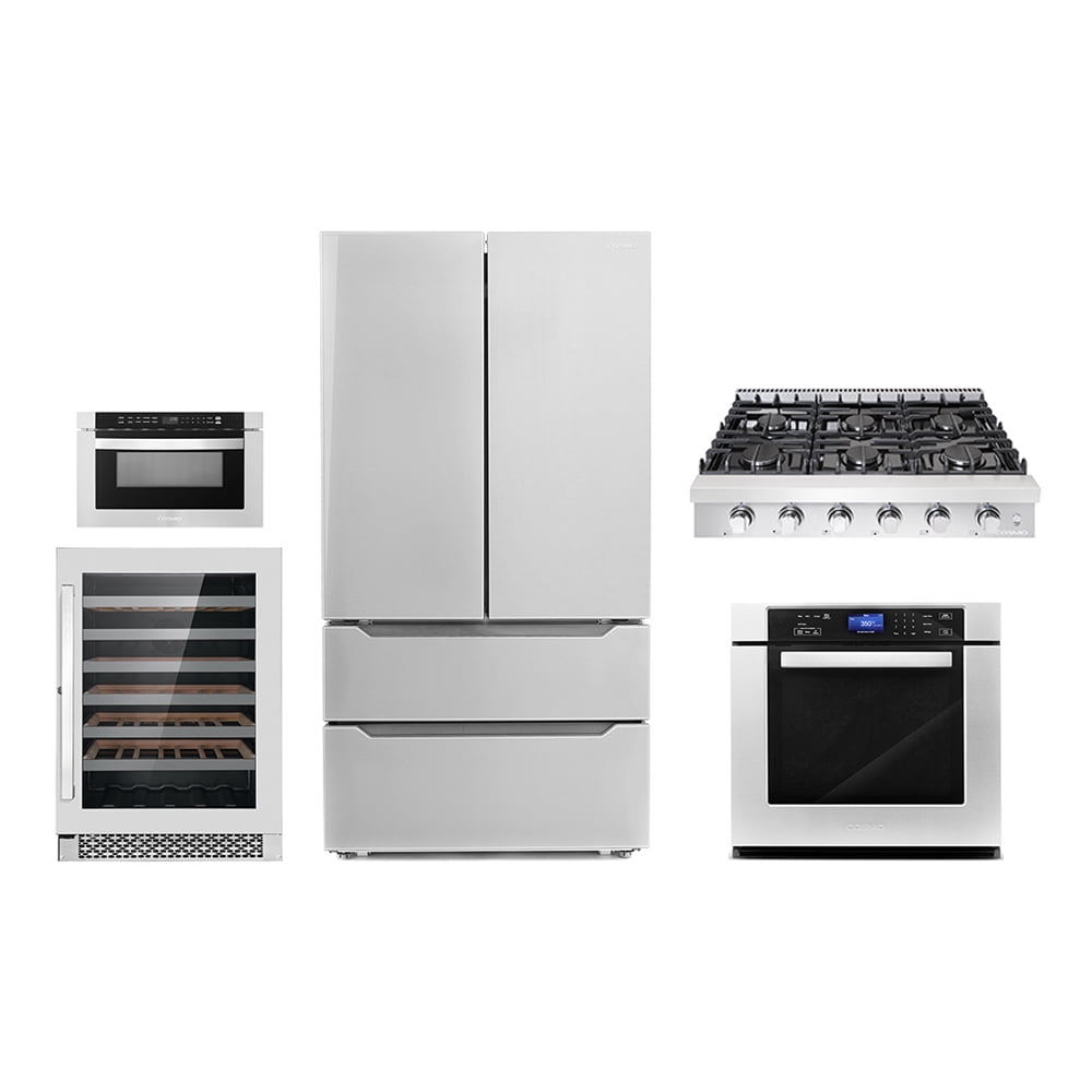 5 Piece Kitchen Package With 36" Slide-In Gas Cooktop 24" 48 Bottle Single Zone Freestanding Wine Refrigerator 30" Single Electric Wall Oven 24" Built-In Microwave Drawer & French Door Refrigerator