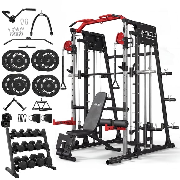 Mikolo Smith Machine Home Gym, 2200lbs Power Rack with Weight Bench,Barbell and 230LBS Plates, Training Equipment with LAT-Pull Down System & Functional Trainer