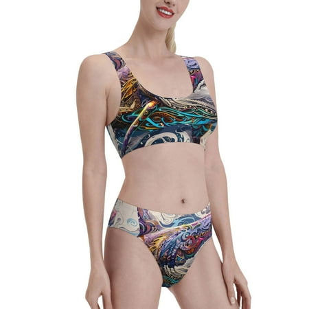 Uemuo Psychedelic Shark Artwork Printed Women s High Waisted Bikini Sets Sporty Two Piece Swimsuits Color Block Cheeky High Cut Bathing Suits-Medium