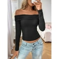 thumbnail image 3 of Womens Long Sleeve Off Shoulder Shirts Tight Fitted Y2K Ruched Tee Tops Blouses 2025 Trendy Outfits Black S, 3 of 7