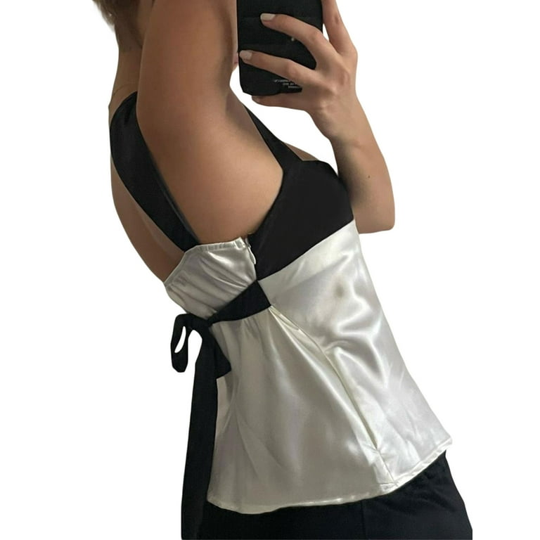 KMBANGI Women Y2k Sexy Crop Cami Top Backless V Neck Low Cut Sleeveless  Tanks Vest Slim Cute Lace Trim Camisole (Black White, Small) 