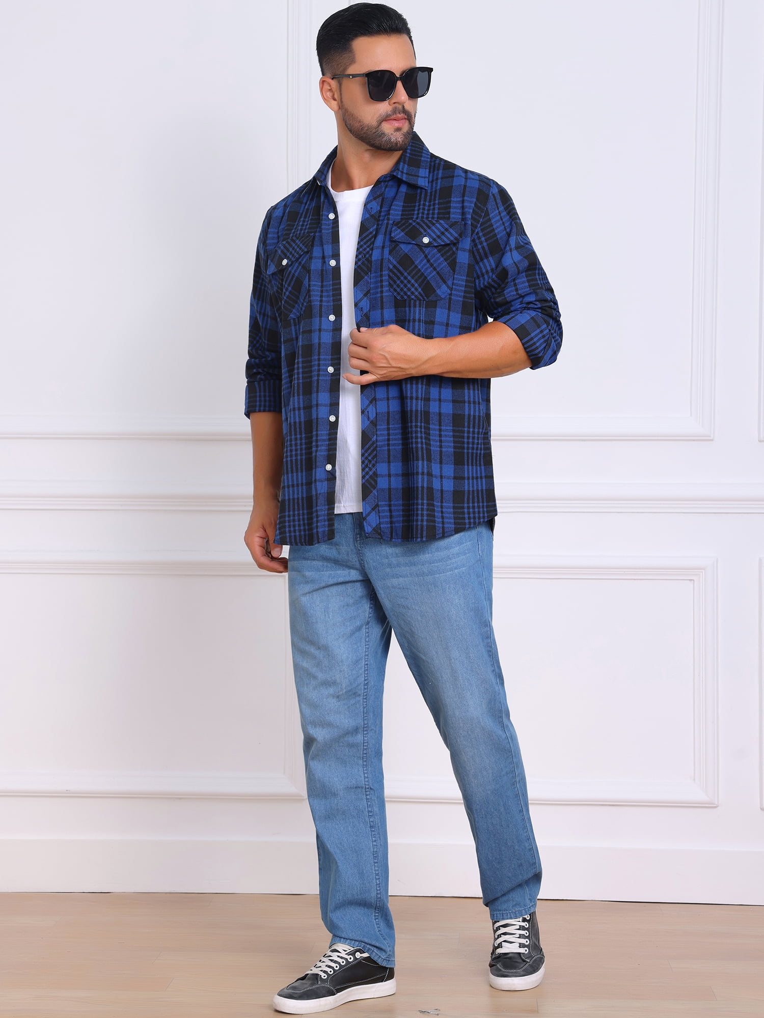 DARING DIVA Men's Contrast Color Slim Fit Long Sleeved Button Down Shirts L Black Blue