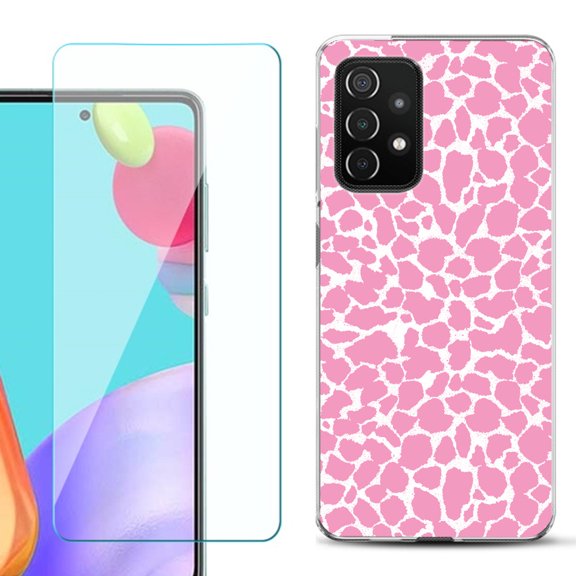 Slim-Fit Flexible Gel TPU Phone Case compatible with Samsung Galaxy A52 5G, with Tempered Glass Screen Protector, by OneToughShield ® - Giraffe/Pink