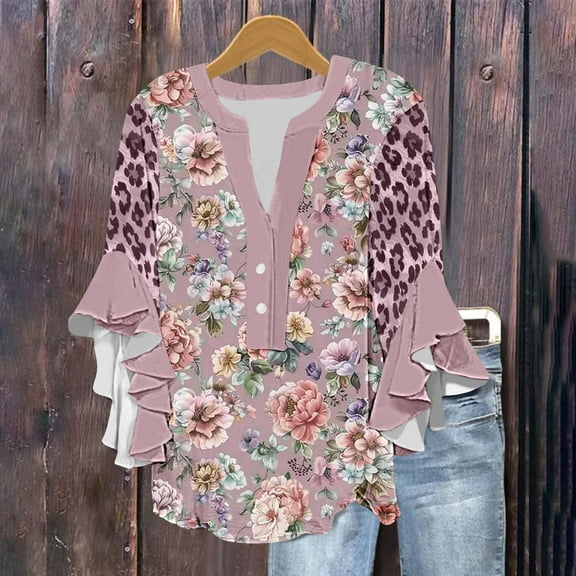 Odbmxy Women's Shirts V-Neck 3/4 Sleeve Blouses for Women Plus Size Casual Holiday Fancy Peplum Floral Classic Fit Tops,2XL