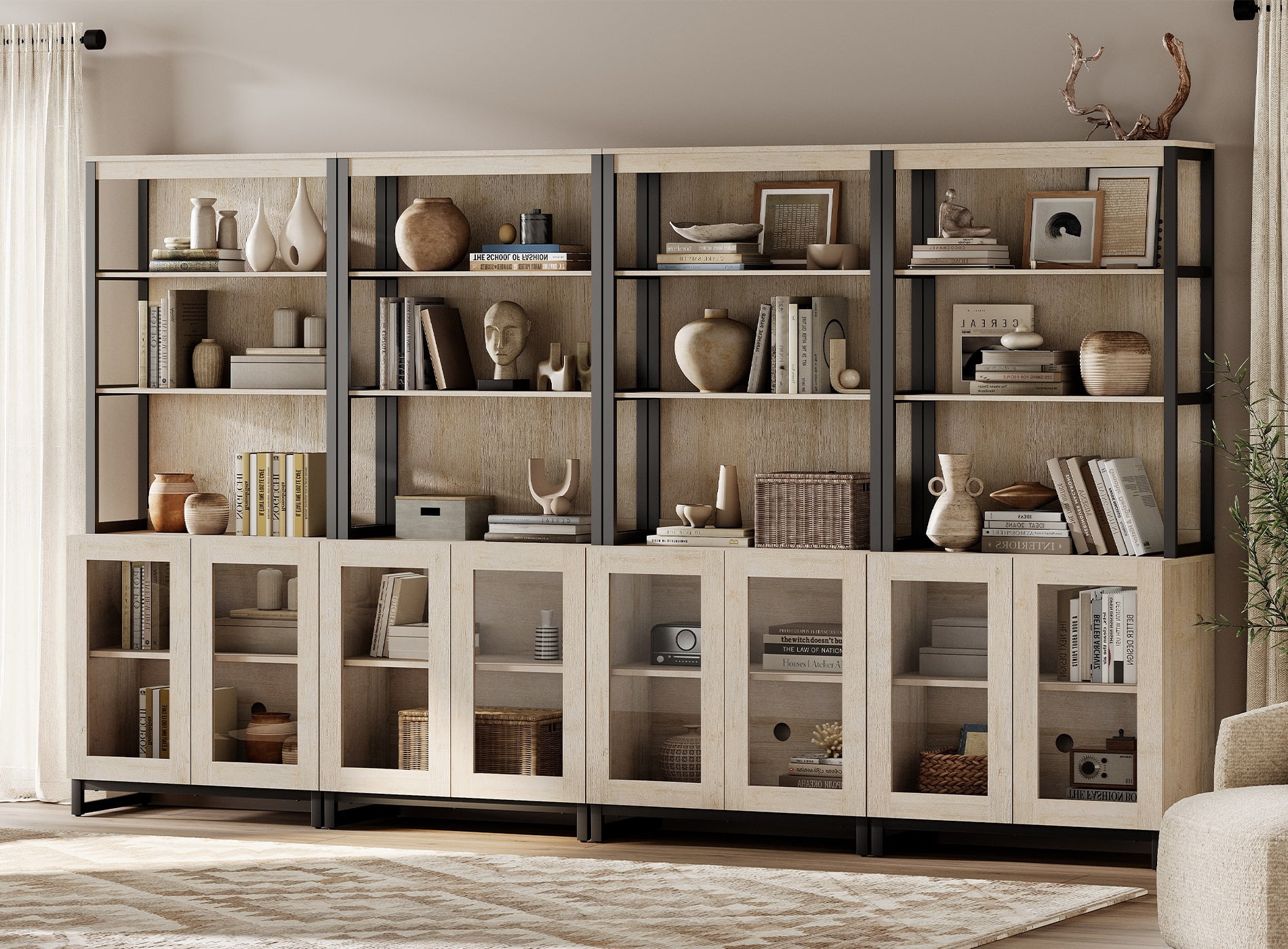WAMPAT 4 PCS Modern 72" Tall Bookcases with Glass Doors and Adjustable Shelves, Library Book Shelf with Storage Cabinet and Open Book Shelfs, Wood Bookshelves for Home Office, Living Room, Beige