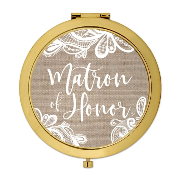 Koyal Wholesale Compact Mirror Matron of Honor Wedding Gift, Gold, Burlap Lace, 1-Pack