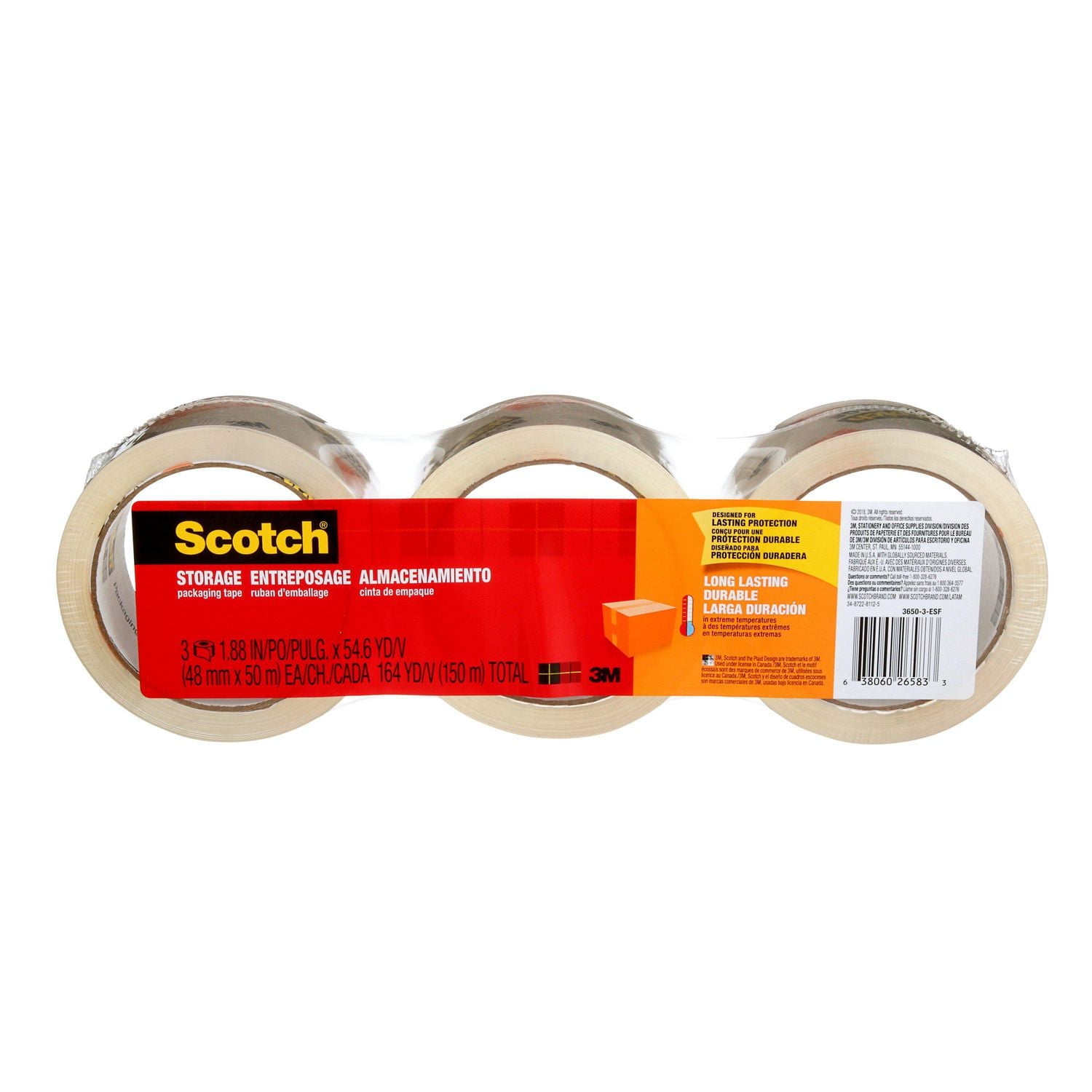 Ruban d’emballage durable pour entreposage Scotch®, 3650-3-ESF, transparent, 48 x 50 m (1,88 po x 54,6 v), 3/paquet