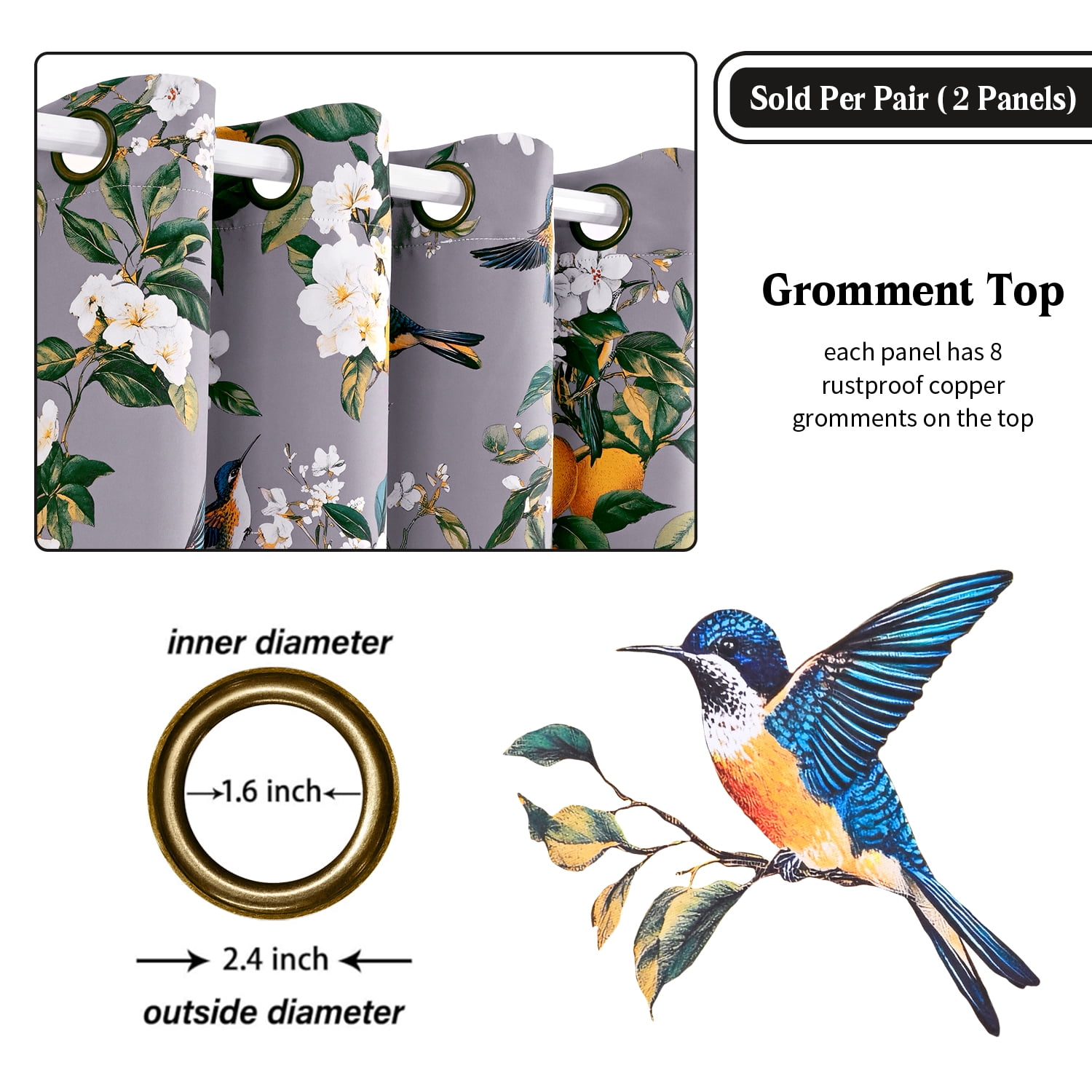 Alishomtll Floral Lemon Hummingbird Blackout Curtains Room Darkening Grommet Window Drapes for Living Room , 52"x63", ,Set of 2 Panels,Grey