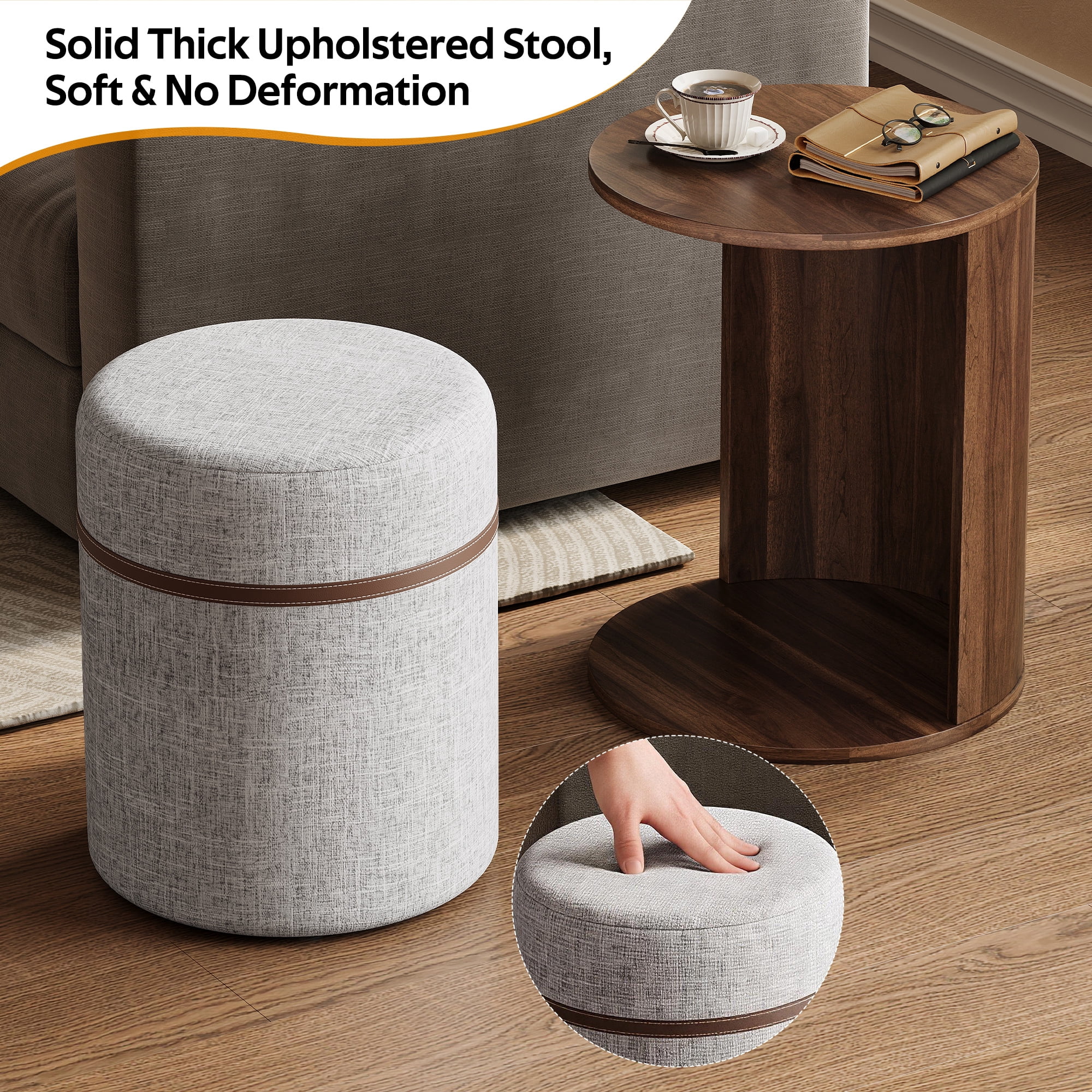 Mintazer 2‑in‑1 Round Side Table with Pull‑Out Linen Storage Stool & Open Magazine Slot, End Table for Sofa Bedroom Small Space, Walnut