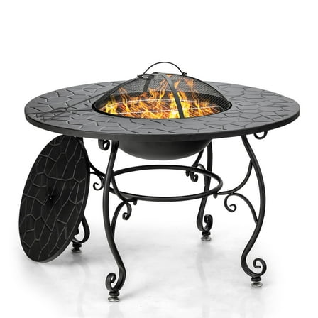 FGYRYK Fire Pit Table, Black Steel Wood Burning Fire Pit with Cooking Grate & Lid, 35.5"x22.5" for Patio, Backyard, Deck