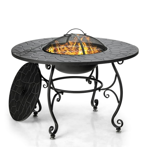FGYRYK Fire Pit Table, Black Steel Wood Burning Fire Pit with Cooking Grate & Lid, 35.5"x22.5" for Patio, Backyard, Deck