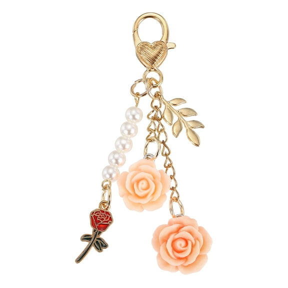Uxcell Flower Charm Keychain, Cute Resin Pink Rose Pendant Keychains Tassel Pearl Chain Keyring with Jewelry Box for Women Purse Handbag Bag Car Keys Accessories