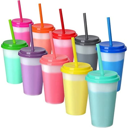 

12oz Plastic Cups with Lids & Straws - 10 Pack Reusable Color Changing Cups Kids Adults Drinking Cup | Bulk Tumblers with Straw for Party Ice Coffee Smoothie Juice