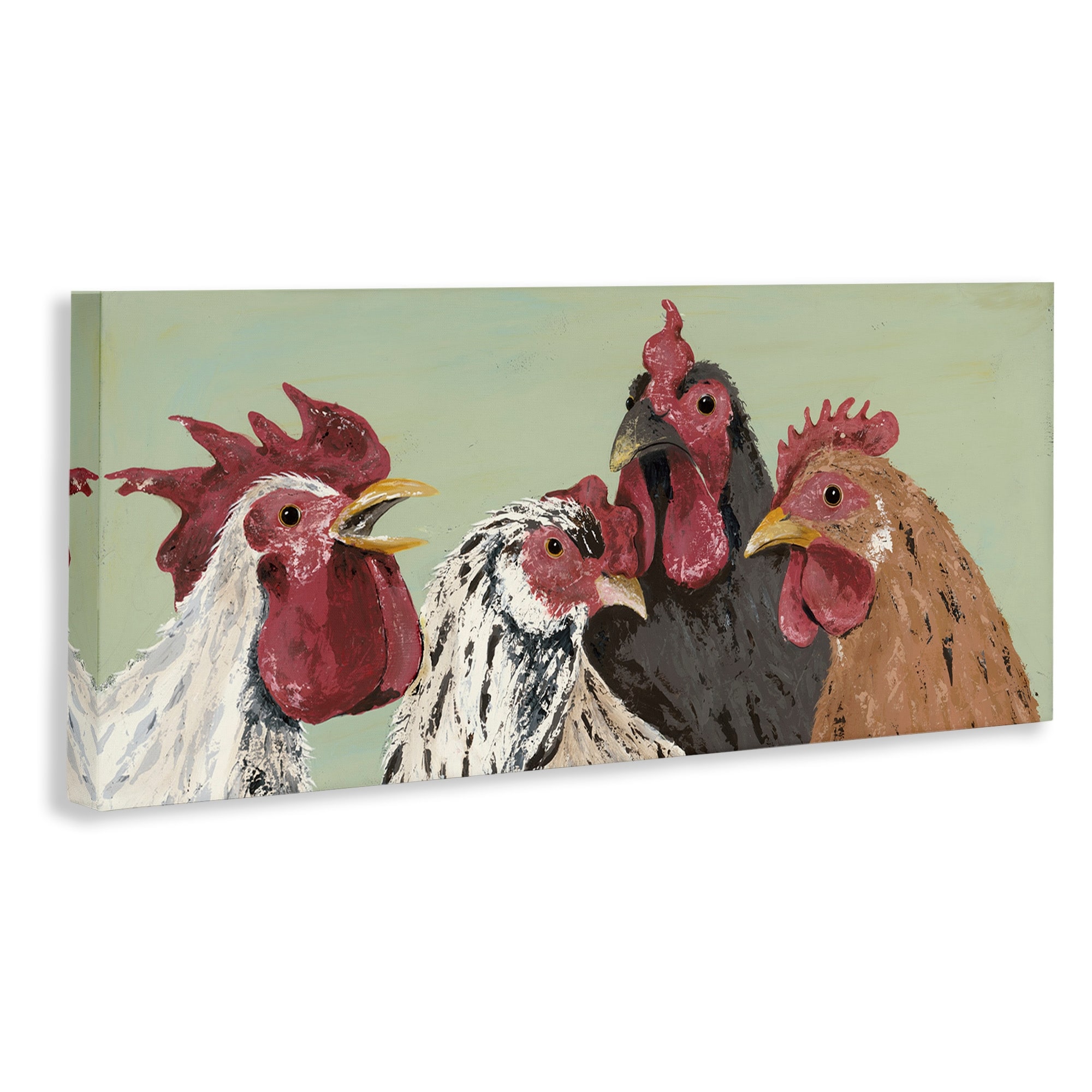 Stupell Industries Four Roosters Clucking Farm Birds over Green,10 x 24,Designed by Jade Reynolds
