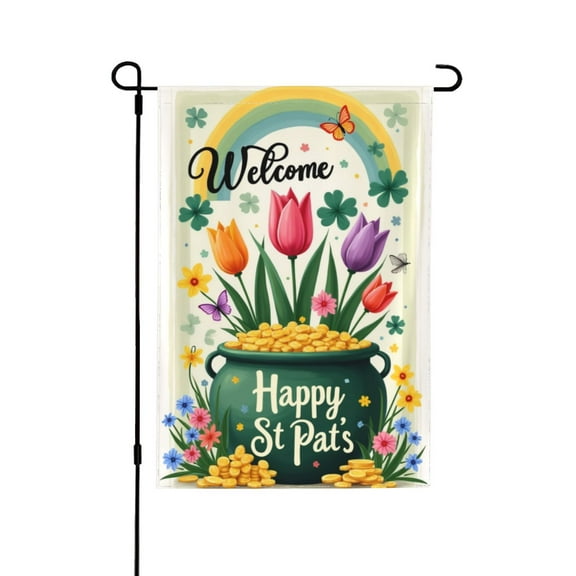 Welcome St. Patrick's Day Garden Flag 12x18, Double Sided Rainbow Tulips Pot Of Gold Spring Garden Decor, Irish Holiday Yard Flag Outdoor House Decorations