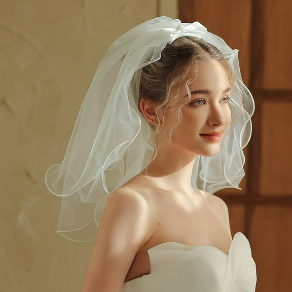 Short Puffy Ruffled Bow Bridal Veil - Minimalist, Double-Layer | Proposal Prop