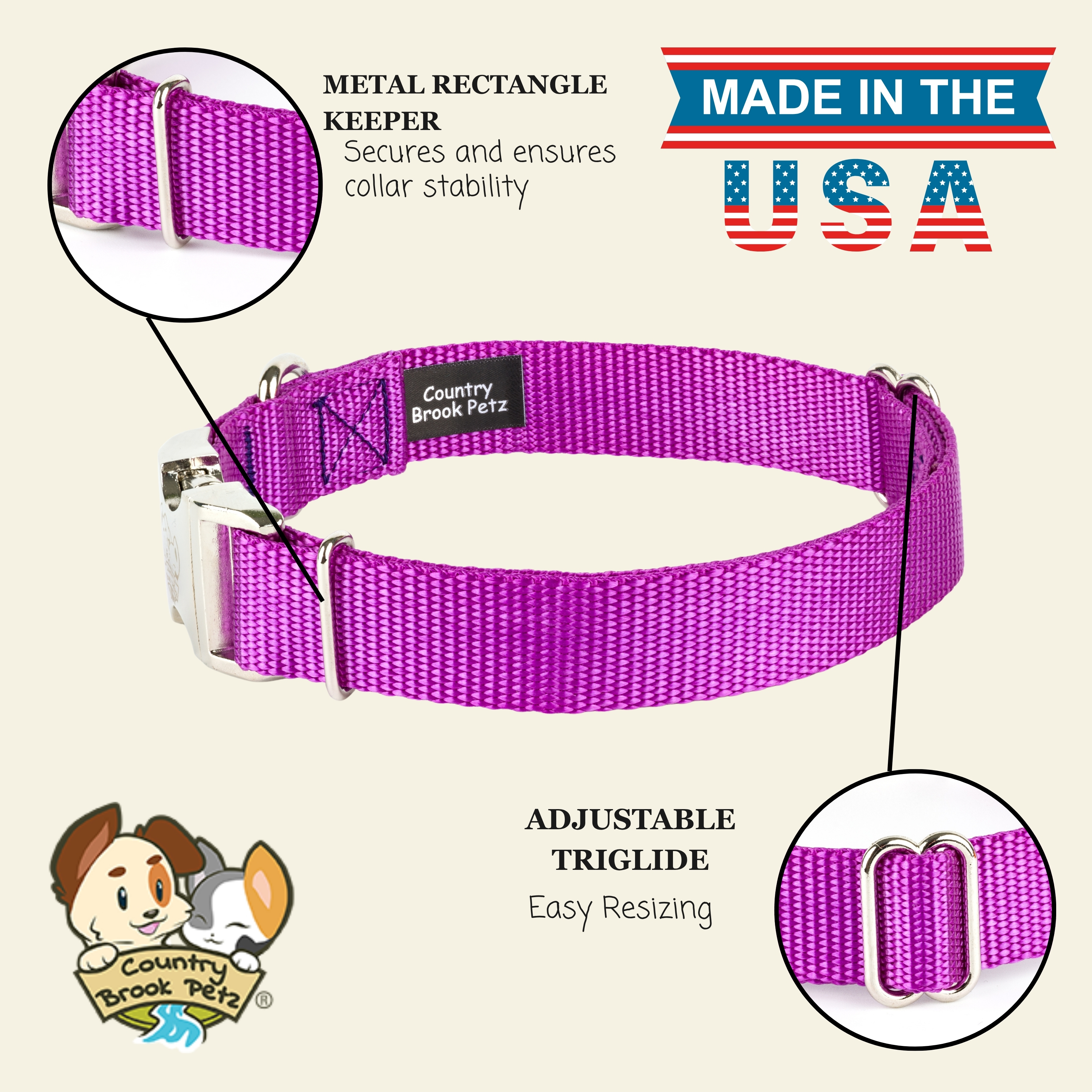 Country Brook Petz® Premium Nylon Dog Collar with Metal Buckle for Small Medium Large Breeds (Extra Large, 1 Inch, Bright Purple)