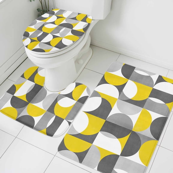 3 Piece Bathroom Rug Set, Vintage Mid-Century Non Slip Bath Mat with Contour Toilet Mat and Lid Cover, Modern Abstract Geometric Yellow Gray Absorbent Soft Shower Mats for Bathroom