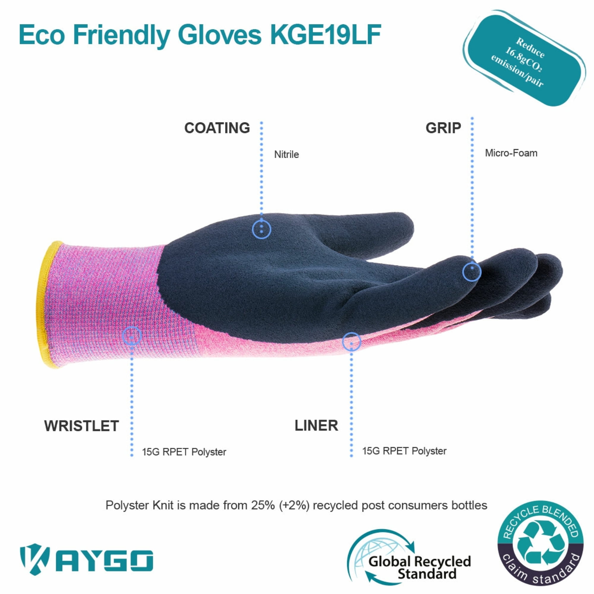 KAYGO Work Gloves for Women, 3 Pairs, Eco Friendly Safety Work Gloves with Breathable Rubber Coated, KGE19, L, Pink