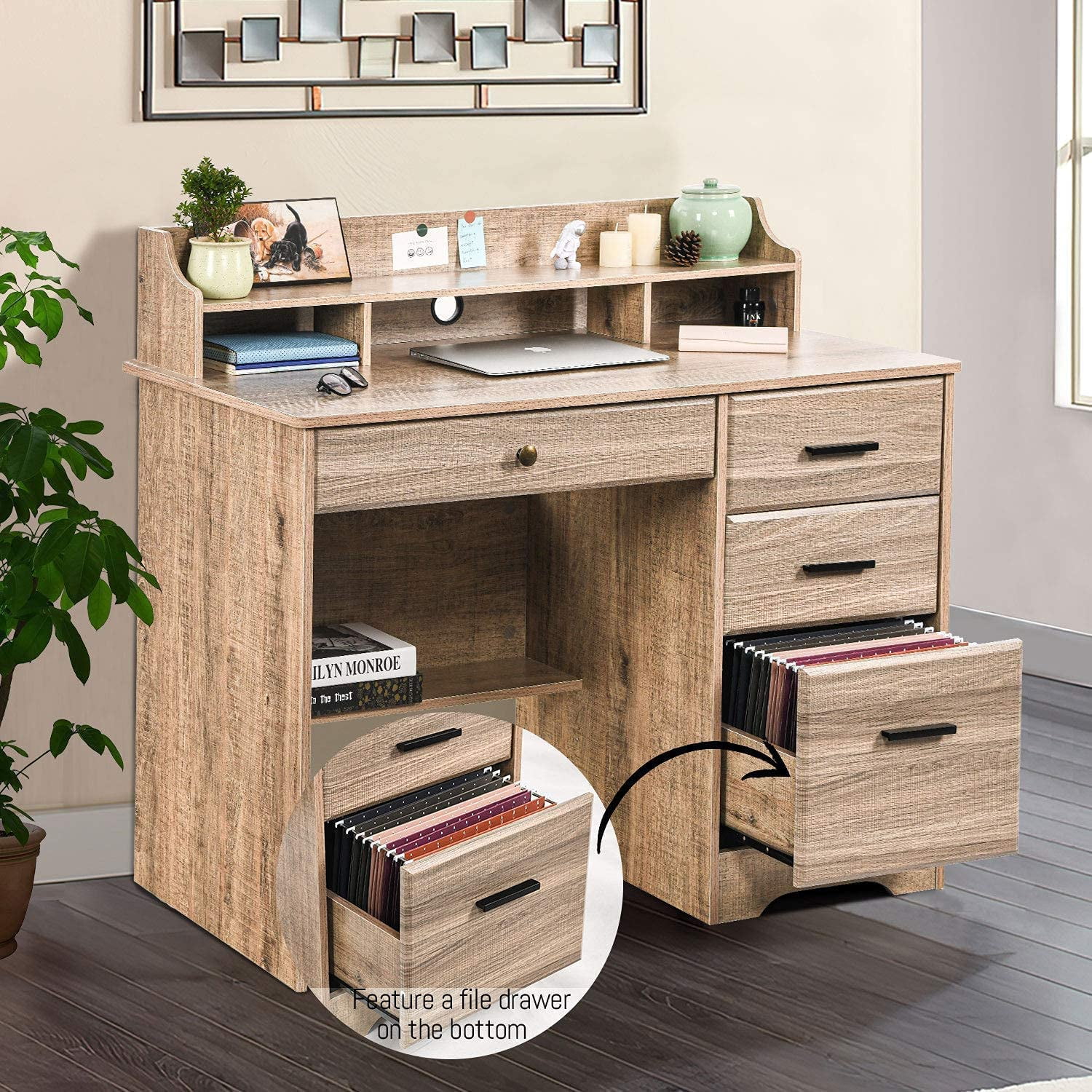 Catrimown Computer Desk with Drawers, Home Office Desk with Monitor Stand, Student Desk with Drawers, Light Oak