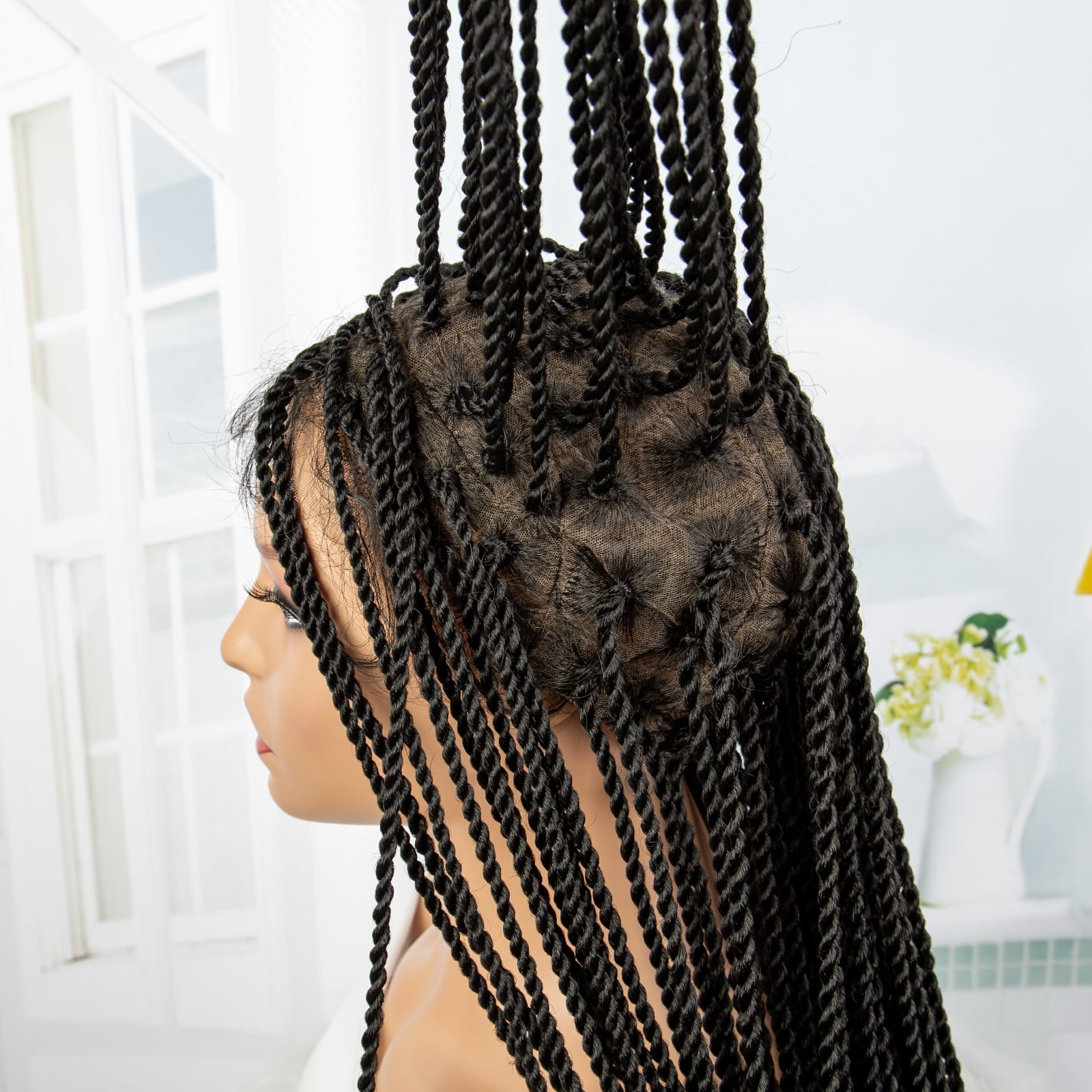 Super Long 40 Inches Twist Braided Wigs Synthetic Full Lace Frontal Wig Knotless Braiding Wigs Pre Plucked with Baby Hair for Black Women Black Color