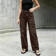 thumbnail image 5 of LEAVINGSUO Straight Leg Cargo Jeans Trousers for Women Fashion High Waisted Pockets Solid Color Button Zipper Casual Denim Pants Coffee XXL, 5 of 7