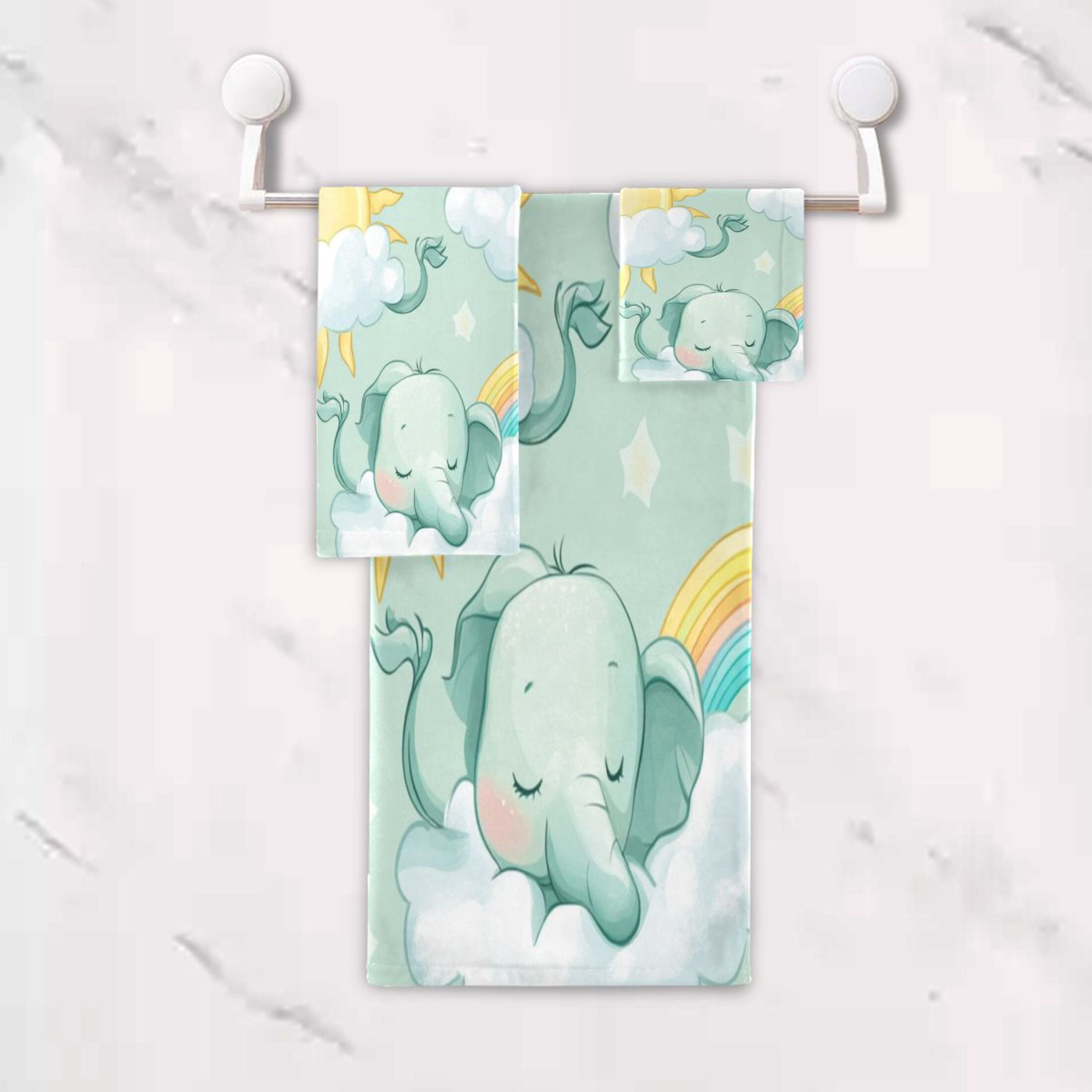 WOBOGO Illustration Of Cartoon Sleeping Baby Elephants Ultra Soft 3 Pack Cotton Towel Set for Everyday Use Lightweight and Compact