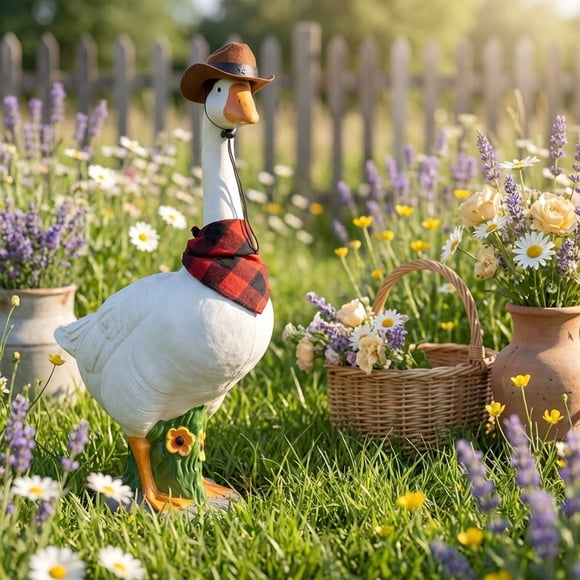Rewenti Large Porch Gooses Statue Realistic Hollow Plastic Garden Gooses with Removable Cowboy Hat and Bandana Stones Base with Sand-Fillable Designs