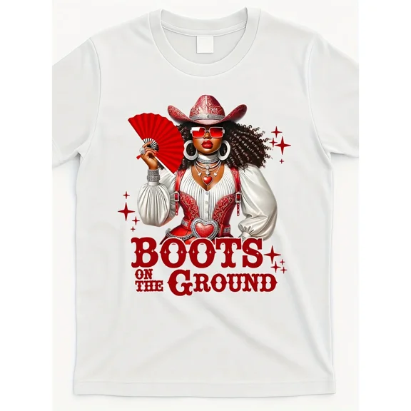 100% cotton tshirts men tee Boots on the Ground Western Cowboy Cowgirl Graphic T-Shirt - Vibrant Red & White Design, Round Neck Casual Tee for Men & Women