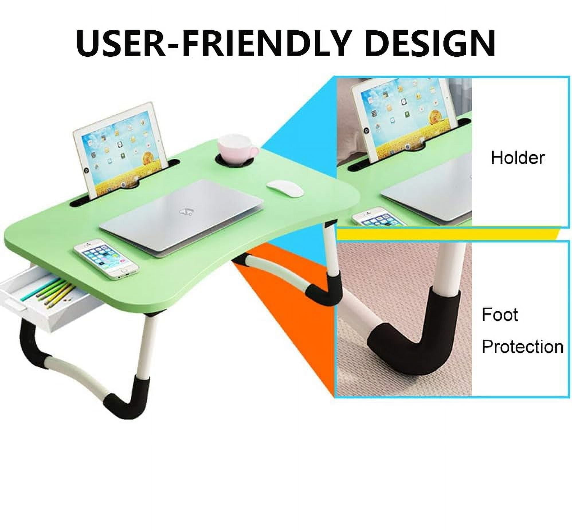 PHANCIR Foldable Lap Desk, 23.6 Inch Portable Wood Laptop Desk Table Workspace Organizer Bed Tray with iPad Slots, Cup Holder and Drawer, Anti-Slip for Working Reading Writing, Eating, Watching-Green