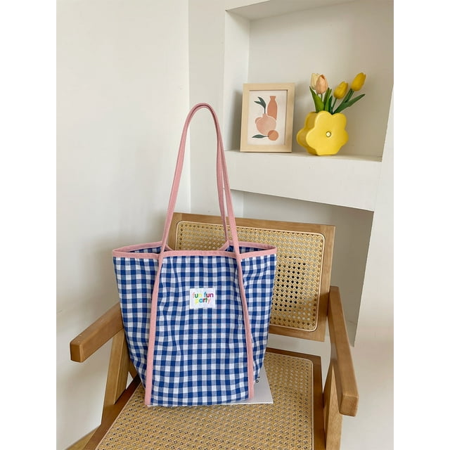JennyShop Bolsa De Hombro Plaid, Bolsa De Comunicación De Gran Capacidad, Bolsa De Tote, Bolsa De Cloth De Doble Capa Ligera, Bolso De Estudiante Universitario