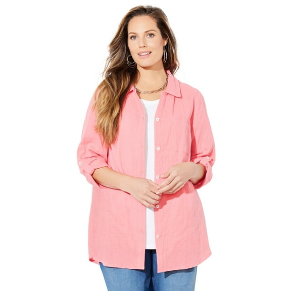 Catherines Women's Plus Size Anywear Pucker Cotton Buttonfront Roll Tab Shirt