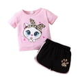 thumbnail image 2 of YMNXA Kids Girls Outfits 2 Piece Short Sleeve Round Neck Cute Cat Print Top And Shorts Comfortable Fashion Sets For Casual Daily Wear,Red,2-3 Years, 2 of 9