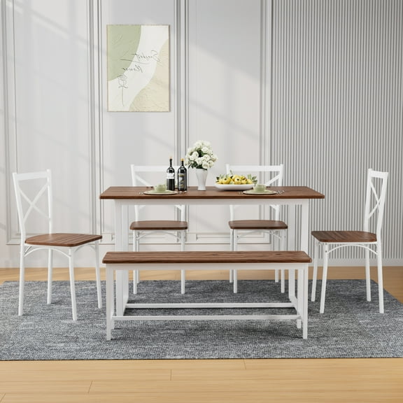 Dining Table Set for 6, 52" Wooden Kitchen Table with 4 High Backrests Chairs & 1 Bench for Small Space, Dining Room, Dark Walnut