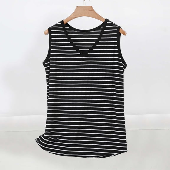 HOMBOM Womens Sleeveless T-Shirts V Neck Graphic Tees Summer Casual Dark Gray Tops for Ladies Striped