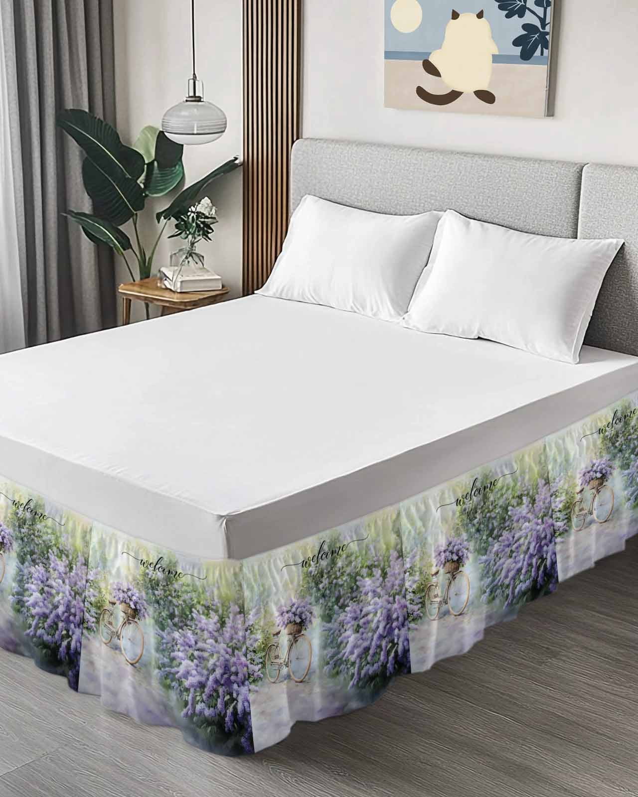 Purple Lavender Wrap Around Bed Skirts for Queen Bed 18" Drop,Bed Skirt with Adjustable Elastic Belt Dust Ruffle Bed Valance for Bedroom Hotel Green Leaves Spring Bike Botanical Bed Frame Cover