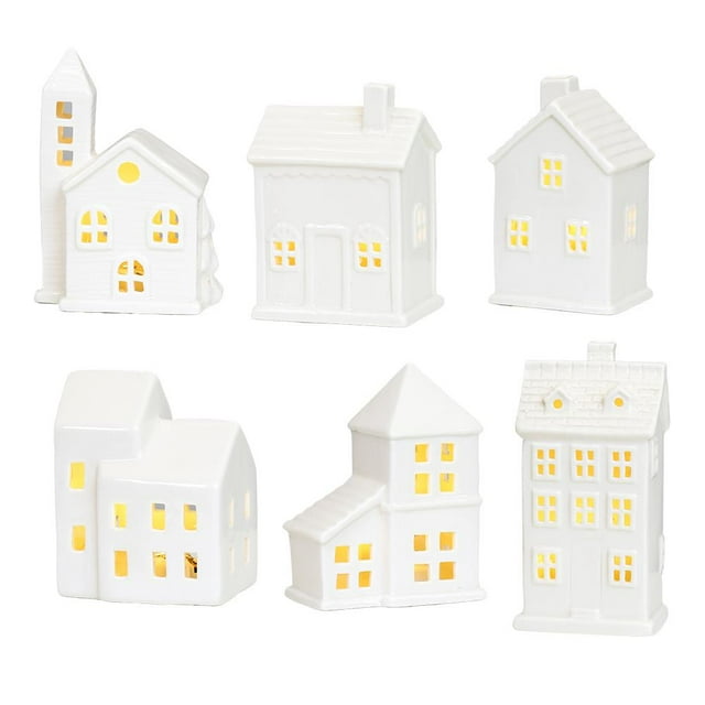 White Ceramic Christmas Village Houses, LED Lighted Ceramic Winter Village Building Figurines, Xmas Holiday Farmhouse Rustic Decor for Home Table Room