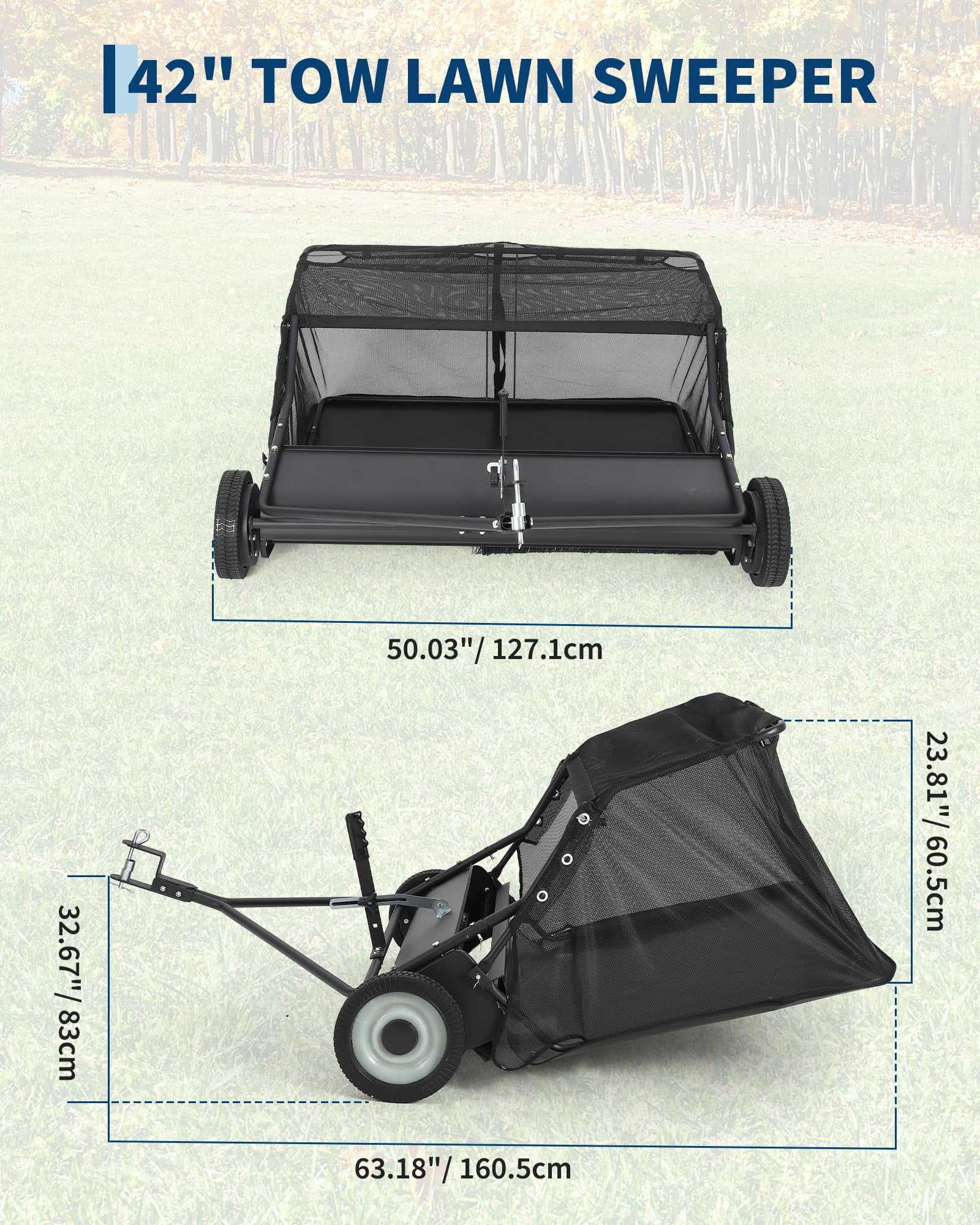 Lawn Sweeper Tow Behind with 42" Wide Sweeping Width, 21 Cu.Ft Large Hopper Capacity, Tool-Free Adjustable Sweeping Height, for Tractor ATV UTV, and Quick Assembly