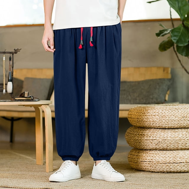 Pantalones largos para hombre, casuales, de moda, para vacaciones, lisos, casuales, con cintura elástica y bolsillos.