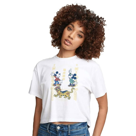 Mickey & Friends - Mickey and Minnie - Juniors Cropped Cotton Blend T-Shirt