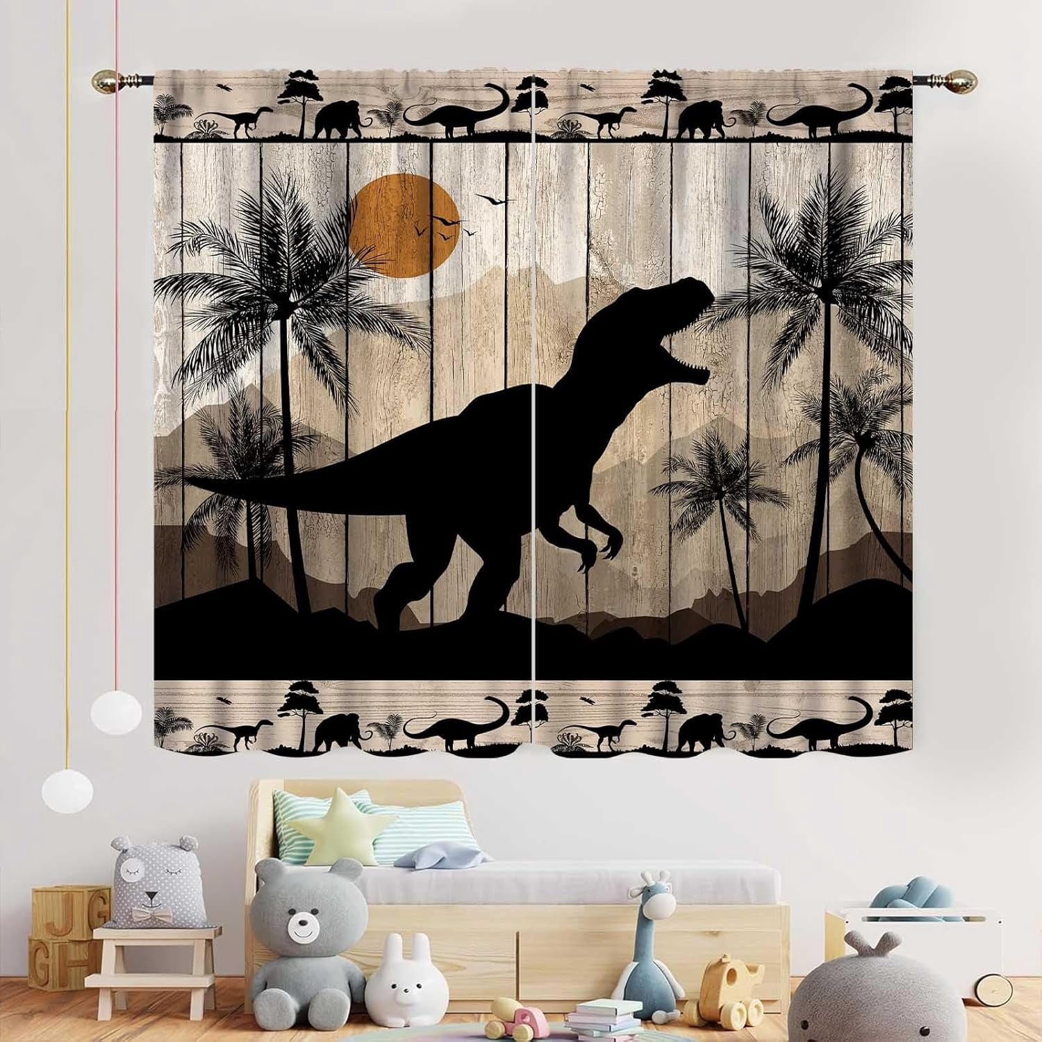 Dinosaur Curtains for Boys Room, Kids Boys Dino Wood Board Rustic Woodland Safari Animals Window Drapery Treatments for Baby Kids Room Bedroom Living Room Nursery Fabric 2 Panels, 84"x63" Inch