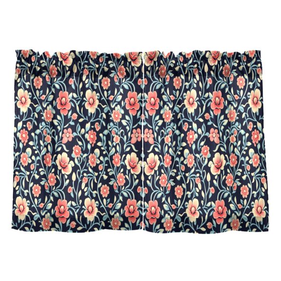 Dark Blue Floral Print Kitchen Curtains Tier Set 27x24 Inch 2 Panels Semi Sheer Light Filtering Privacy UV Protection