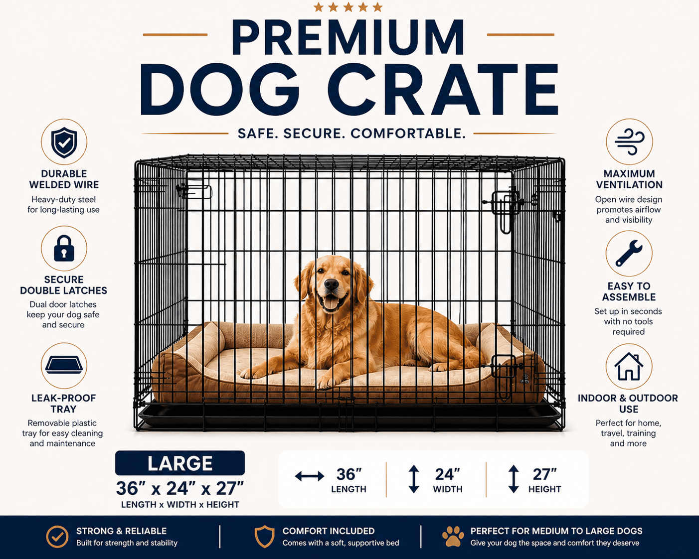 36' X 24' X 27' Large Welded Wire Dog Crate with Bed Dog