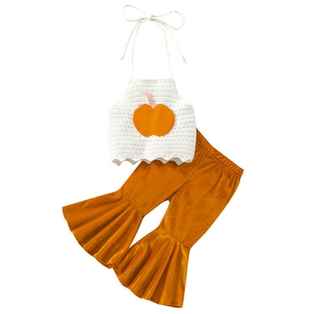 

MERSARIPHY Toddler Baby Girls Outfit Set Knitted Pumpkin Halter Sleeveless Tank Tops + Flared Pants