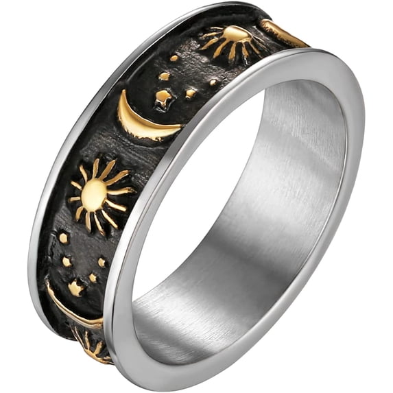 YAZI 8mm Moon Star Sun Statement Ring Stainless Steel Boho Jewelry for Women Men